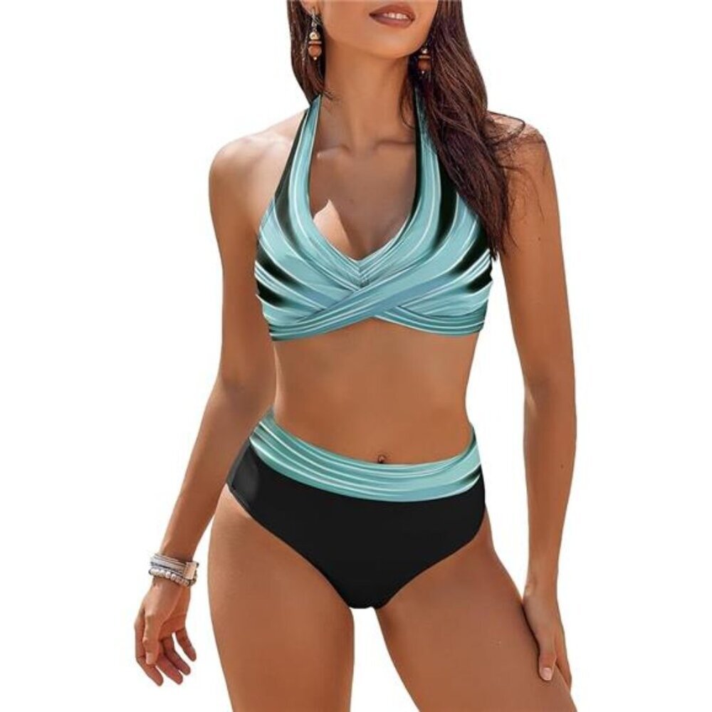 Women's High Waisted Bikini Set Tummy Control Color Block Halter Two Piece Swims - Picture 6 of 6